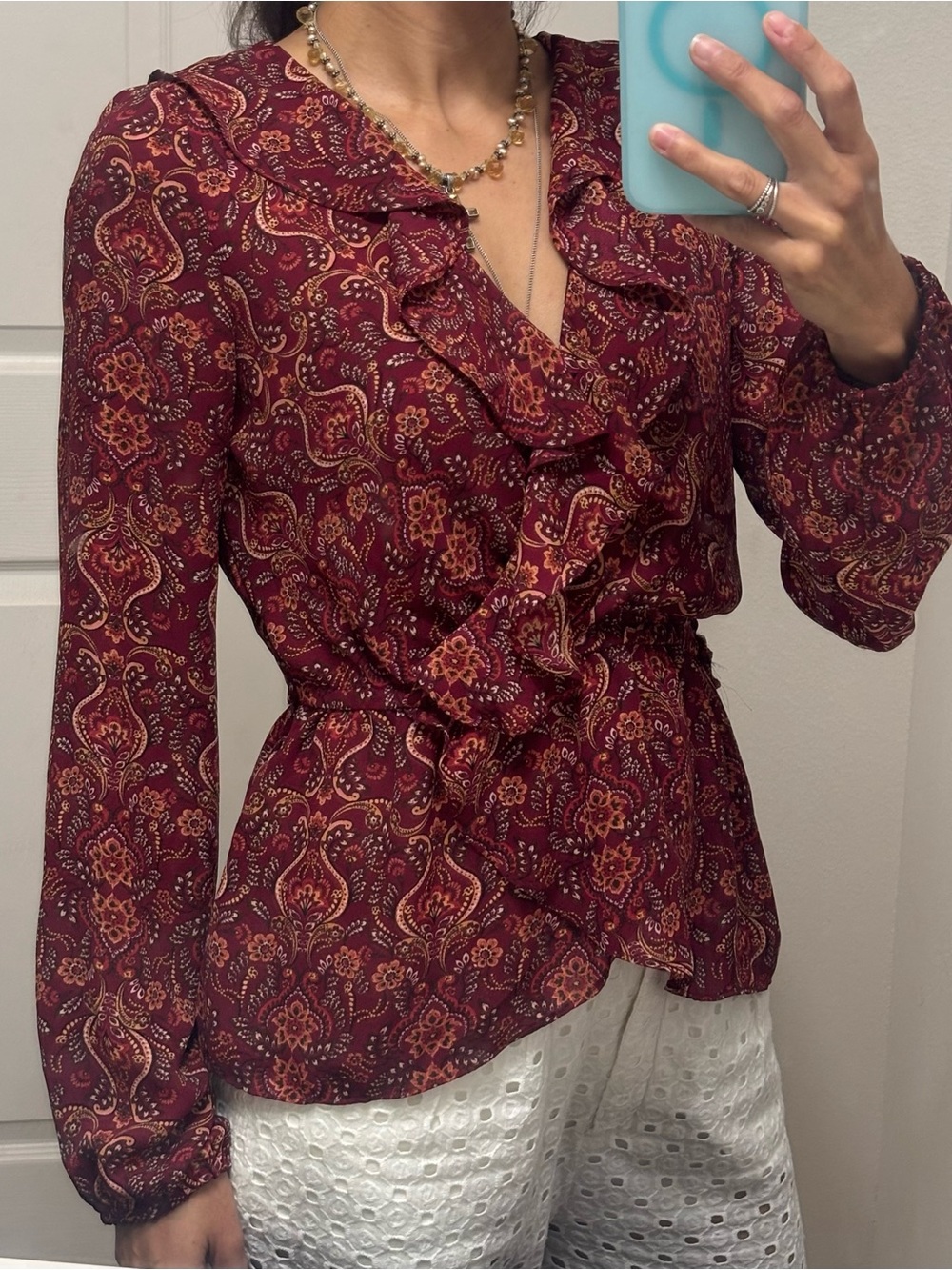 Women’s Burgundy Paisley Ruffle Wrap Blouse